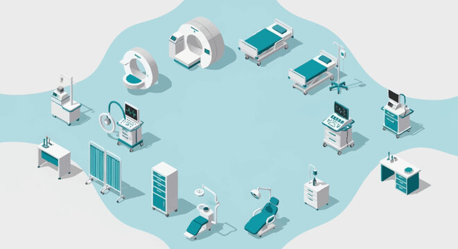 Medical equipment and hospital furniture arranged in a circular pattern on a blue background.