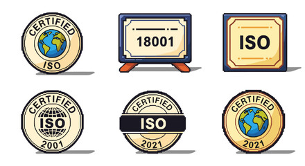 Fototapeta premium A collection of ISO certification badges and seals in flat modern vector style, ideal for quality assurance branding and business presentations