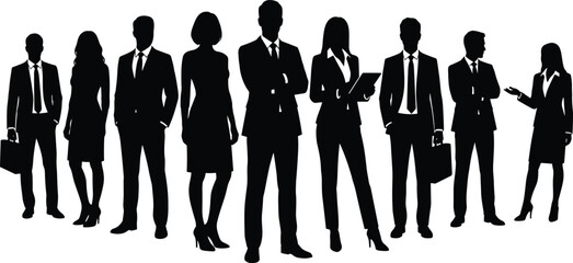 Business people silhouette collection featuring corporate professionals standing in formal attire representing teamwork, leadership and modern workplace environment isolated on white