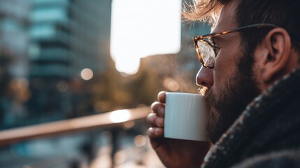 Fototapeta premium Man sips hot drink on balcony during sunset in urban setting with buildings in background