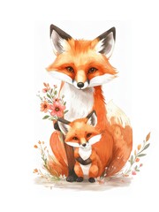 Obraz premium watercolor fox mom with baby fox and spring flowers