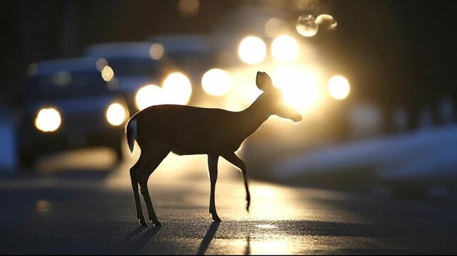 A deer stands silhouetted against glowing headlights on a road.