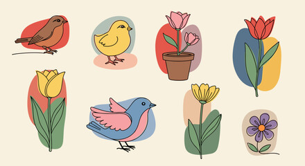 Obraz premium A collection of colorful birds and flowers in minimalist vector style, perfect for spring-themed designs and decorations