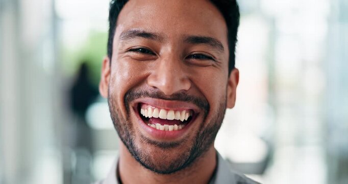 About us, face and laughing with business man in office for reaction to good news or humor. Career development, corporate professional and funny with happy employee person in workplace for ambition