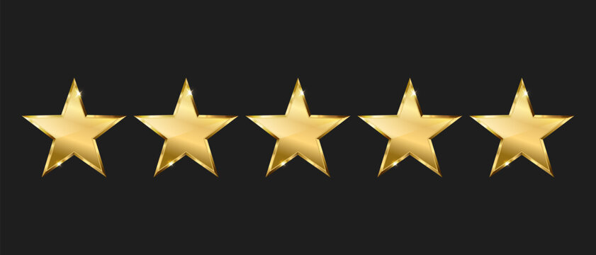 Five gold stars on dark background, Rating golden stars icons, Top quality concept, Vector illustration.