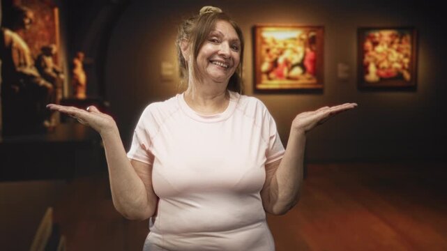 Woman senior smiling with palms up showing hands wearing pink tshirt in art gallery building; art appreciation joy.