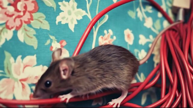 A curious mouse exploring tangled red wires against floral wallpaper.