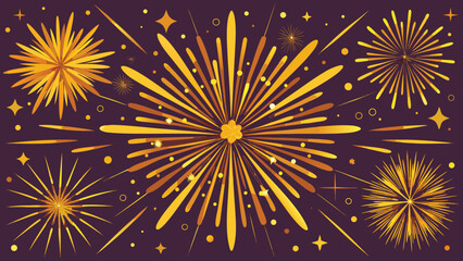 Naklejka premium Golden fireworks burst against a vibrant purple background, creating a festive and celebratory atmosphere.