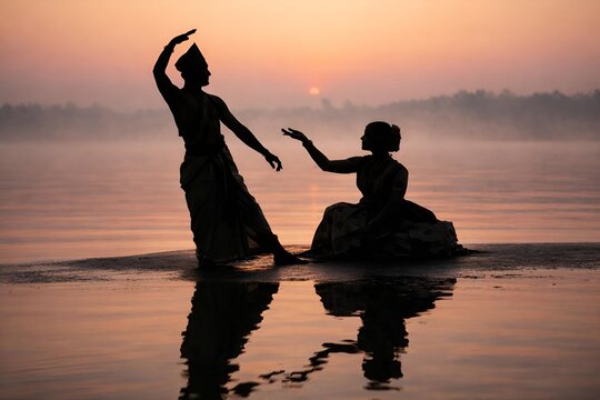 Sattriya Classical Dance Duo Silhouette at Golden Sunrise Riverside with Traditional Assamese Costumes, Spiritual Mudra Performance and Misty Water Reflection