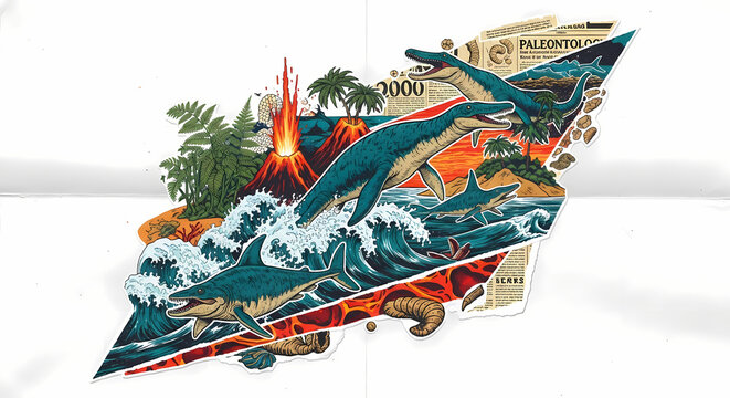 Retro prehistoric oceanic collage with mosasaurs ichthyosaurs volcanoes and tropical fossils in vintage halftone mixed media style for educational poster and adventure graphic artwork
