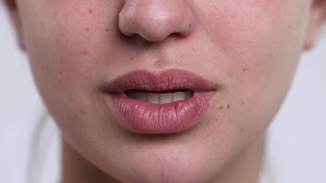 4K video macro closeup of young woman lips with unsure expression and slightly pouted mouth, no makeup and natural look