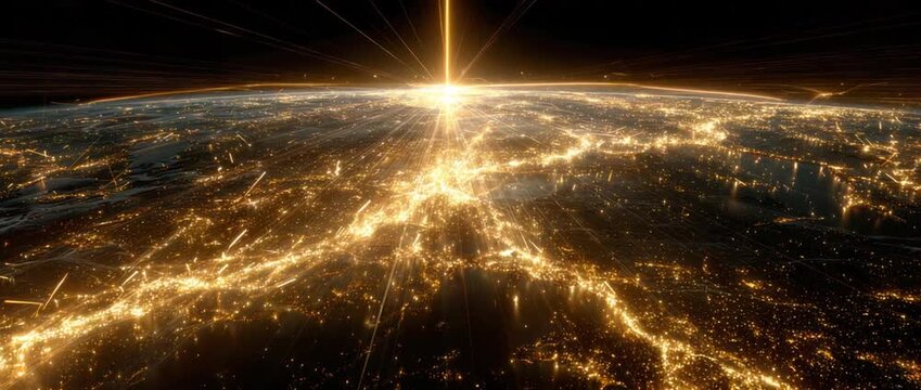 Abstract illustration of glowing energy over a terrestrial surface at night