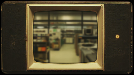 Fototapeta premium Vintage television screen reflecting blurred retro office interior with warm tones and nostalgic atmosphere