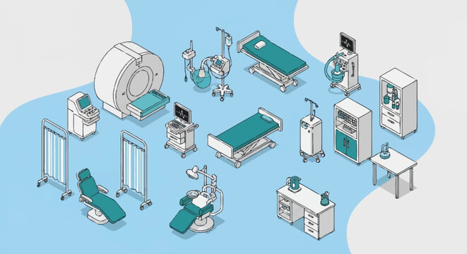 Isometric illustration of a hospital room with medical equipment and furniture.