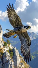 Fototapeta premium Peregrine falcon soars across a mountain landscape with a cloudy blue sky backdrop