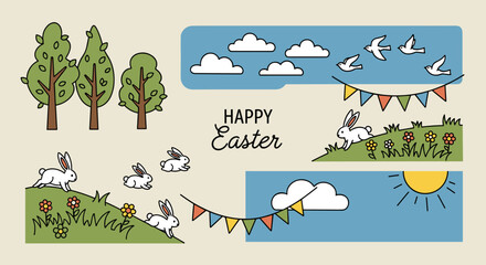 A cheerful Easter scene featuring playful bunnies, trees, clouds, and a bright sun in a colorful vector illustration style, perfect for holiday cards and decor