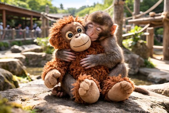 屋外でぬいぐるみを抱きしめる子供のニホンザル - Baby monkey hugging stuffed toy in sunny outdoor setting