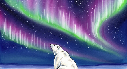 A stunning watercolor illustration of a polar bear gazing at the vibrant aurora borealis in the night sky © Beny Qurdy