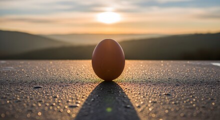 A single egg balancing upright on a flat surface at the exact moment of the equinox.