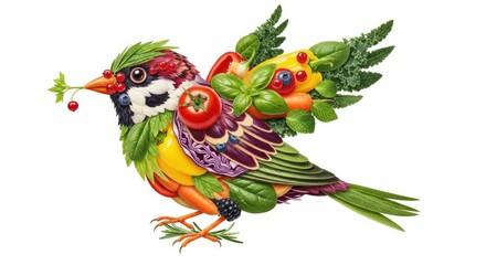 Obraz premium Creative bird made of vegetables and fruits. Healthy food concept.