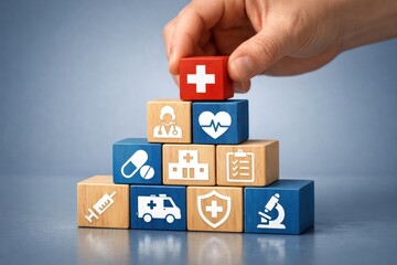 Healthcare Blocks: A hand carefully places a vibrant red block adorned with a white cross, atop a stack of colorful wooden blocks.