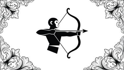 Black vector silhouette of a monkey archer shooting a bow and arrow framed by vintage ornate floral corners for mythological branding and creative designs © MDRAZIURRAHMAN