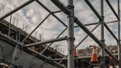 Construction Scaffolding Structure Under Cloudy Sky.