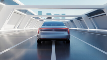 Obraz premium Full rear view of silver futuristic electric sedan driving through modern white minimalist urban environment, sustainable transportation concept
