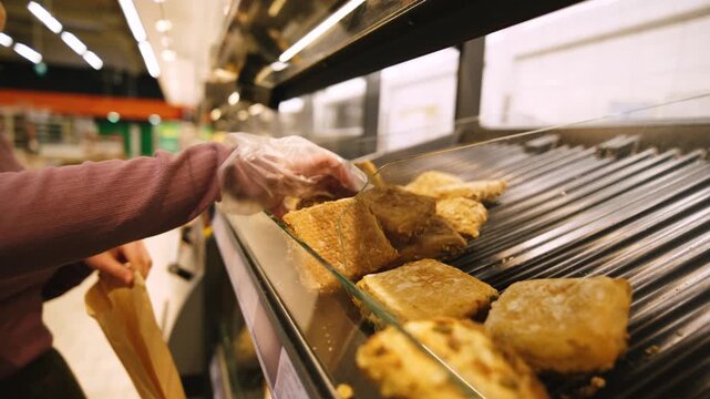 Girl Taking Buns In The Bakery Section While Shopping In A Supermarket