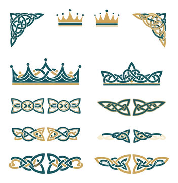 Celtic knotwork and crown design elements on black background