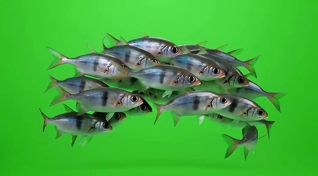 School of fish swimming together against green background