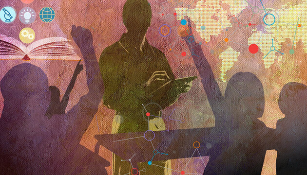 Teacher and enthusiastic school pupils in classroom