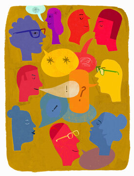 Heads talking with speech bubbles