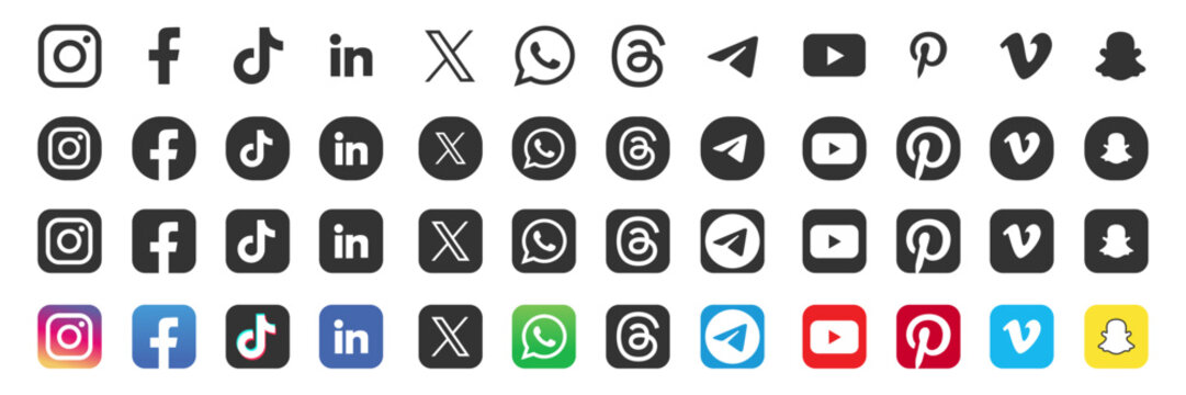 Set of popular social media logo icons in black and white style. facebook, instagram, x, twitter, tiktok, pinterest, youtube, whatsapp, telegram, vimeo, snapchat.