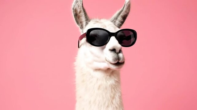 A llama wears sunglasses against a pink background