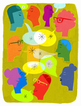 Heads talking with speech bubbles
