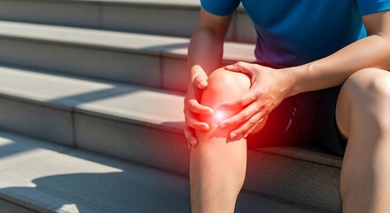 Naklejka premium Person sitting on stairs clutching a painful knee with red highlight