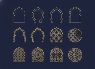 Golden Islamic Arches and Geometric Patterns on Dark Blue Background