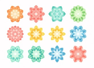 Collection of Colorful Geometric Floral Mandalas in Watercolor Style