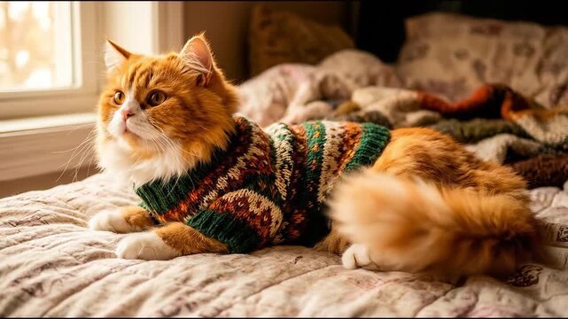 A fluffy orange and white cat wearing a patterned knitted sweater, lying on a bed, suitable for pet care content, animal fashion, cozy lifestyle blogs, and winter pet themes.