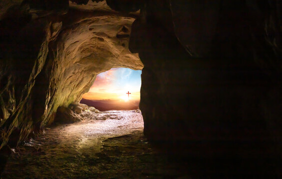 Resurrection Of Jesus Christ - Tomb Empty With Shroud And Crucifixion At Sunrise With Abstract Magic Lights