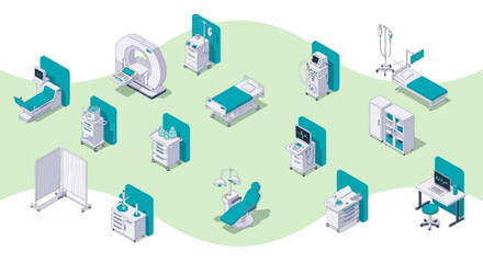 Obraz premium Medical equipment and hospital furniture illustration set.