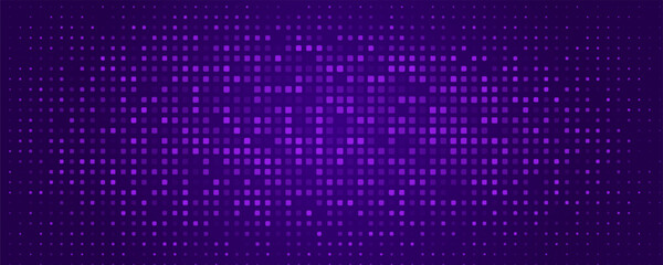 Digital pixel frame. Glowing purple squares on dark background. Abstract tech banner. Finance grid. Business bg. Blue mosaic. Futuristic, tech-style template. Vector Illustration.