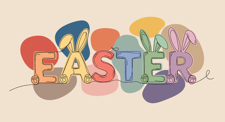 A colorful Easter greeting with playful bunny ears on the letters in a modern vector style, perfect for spring celebrations