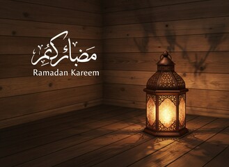 Ramadan Kareem Lantern in Wooden Room, Warm Light, Islamic Celebration, Festive Atmosphere
