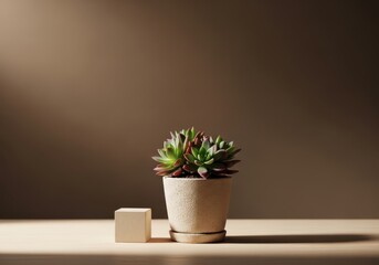 Fototapeta premium A small succulent plant in a textured pot on a table with a cube