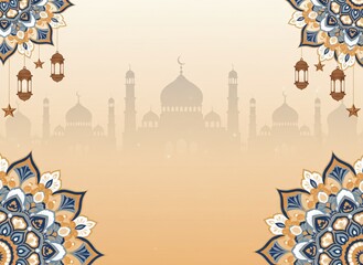 Islamic Mosque Silhouette with Ramadan Lanterns and Mandala Decor