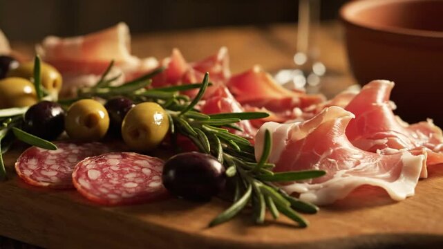 Charcuterie board with meat and olives.