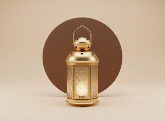 Golden lantern with glowing light on beige background, Ramadan decoration, cultural event