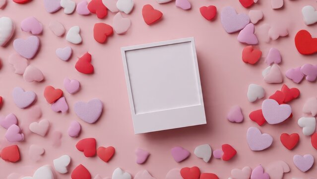 Blank Instant Photo Frame Mockup on Pink Background with Colorful Candy Hearts for Valentine's Day or Anniversary Greeting Card